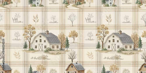 Charming rustic houses with trees in a neutral tone plaid pattern, evoking warmth and nostalgia.