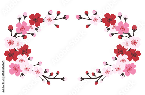 和風モダンな桜の横長円形フレーム・飾り枠イラスト