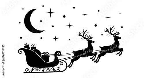 A festive vector illustration depicts Santa's sleigh, pulled by reindeer under a starry moonlit sky, carrying Christmas presents, perfect for holiday designs.