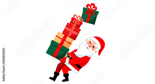 A jovial Santa Claus in his iconic red suit struggles to balance a towering stack of beautifully wrapped Christmas presents, presented as a vibrant vector illustration.
