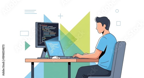 Programmer Working on Computer with Code on Screen.
