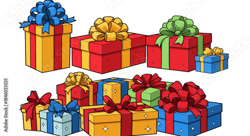 An assortment of colorful Christmas presents, each meticulously wrapped with decorative bows, depicted in a charming and isolated vector graphic design, ready for celebration.