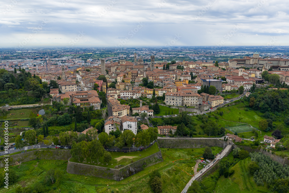 Obraz premium Aerial view of Città Alta and Venetian walls - Bergamo, Italy