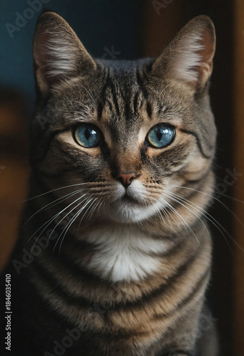 Cute Domestic Kitten Portrait with Bright Eyes, Soft Fur and Whiskers in Natural Green Environment