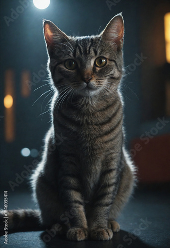 Cute Domestic Kitten Portrait with Bright Eyes, Soft Fur and Whiskers in Natural Green Environment