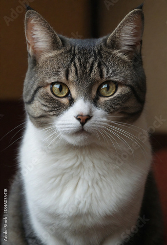 Cute Domestic Kitten Portrait with Bright Eyes, Soft Fur and Whiskers in Natural Green Environment