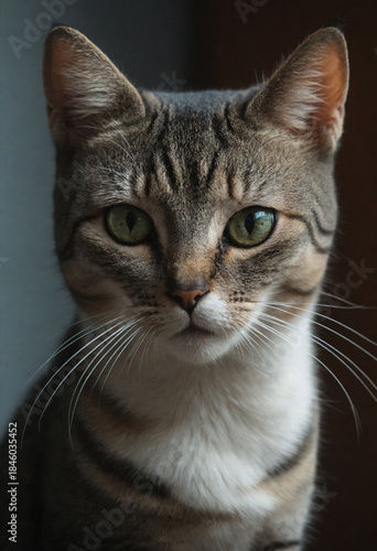 Cute Domestic Kitten Portrait with Bright Eyes, Soft Fur and Whiskers in Natural Green Environment