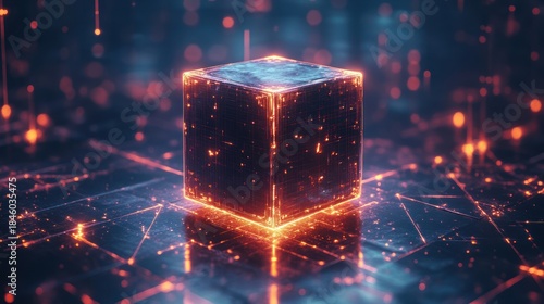 Glowing cube on digital network, futuristic tech