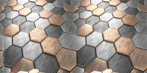 Close-up of a hexagonal tile pattern featuring metallic and wooden textures, creating a modern and elegant look.