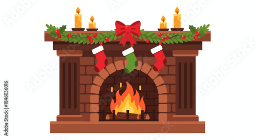 A charming vector illustration of a cozy brick fireplace beautifully decorated for Christmas with a festive garland, lit candles, and hanging stockings.