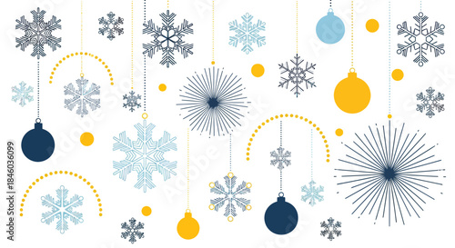 This modern vector illustration showcases a beautiful array of hanging blue and yellow Christmas ornaments alongside intricate snowflakes, perfect for winter holiday designs.