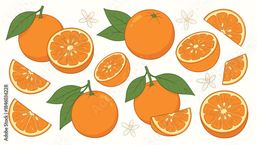 Fresh Orange Fruit Vector Set: Whole, Half, Slices, Leaves, and Blossoms Illustration on White Background, Juicy Citrus Elements for Design