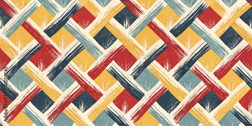 Colorful abstract woven pattern featuring bold reds, blues, and yellows in a stylish, artistic design.