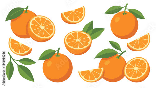 Vibrant Cartoon Oranges with Leaves and Slices Illustration Set on White Background, Fresh Citrus Fruit Collection