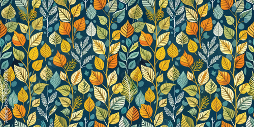 Colorful botanical pattern with vibrant leaves in shades of green, orange, and blue on a dark background.