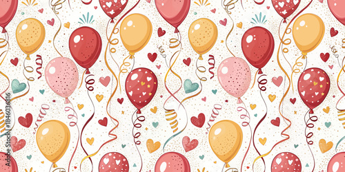 Colorful celebration balloons and hearts create a festive and joyful pattern perfect for parties.