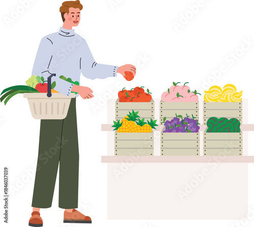 Young man Shopping for Fresh Fruits and Vegetables at a Market Stall