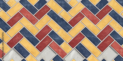 Colorful chevron patterned tiles in red, yellow, blue, and gray create a vibrant texture.