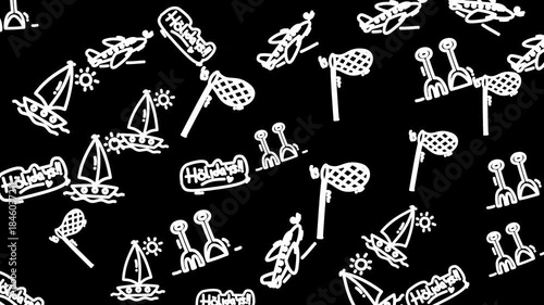 Seamless black and white pattern with various summer vacation and travel icons.