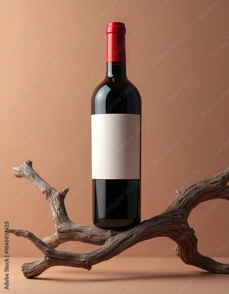 Fototapeta premium Red wine bottle with blank white label rests on weathered driftwood branch. Minimalist, rustic style suggests relaxation, organic beverage, and unique presentation.