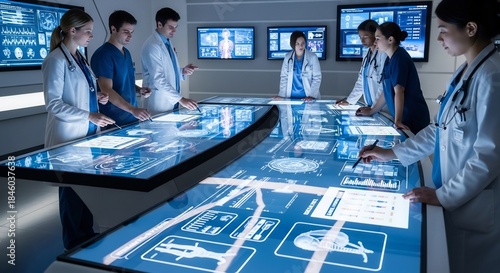 Medical team collaborating on digital diagnostics in a modern hospital.