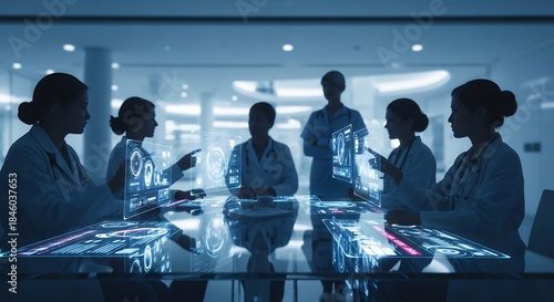 Medical team collaborating on futuristic technology in a meeting.
