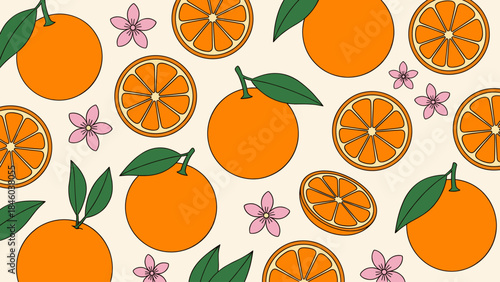 Vibrant Seamless Orange Fruit and Blossom Pattern Illustration for Backgrounds and Textile Design