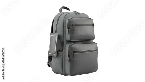 A gray backpack with multiple zippered pockets, a handle, and a side attachment