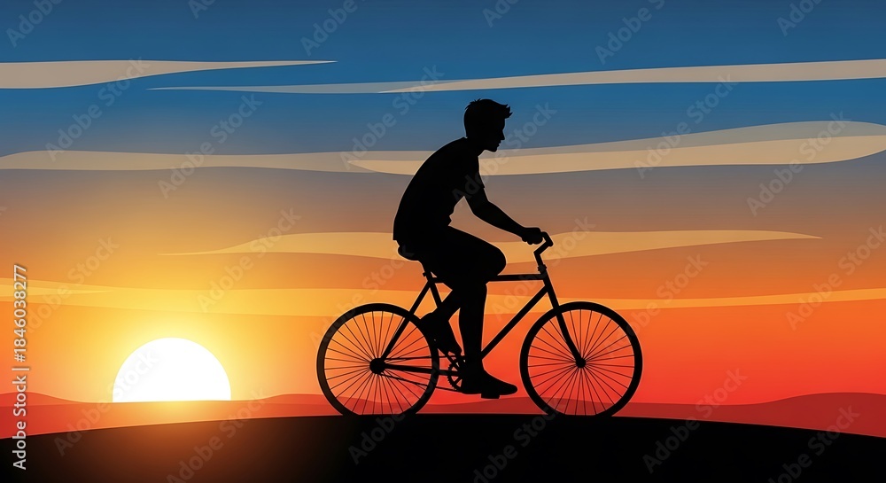 Obraz premium Silhouette of a cyclist riding a bicycle at sunset, scenic view.
