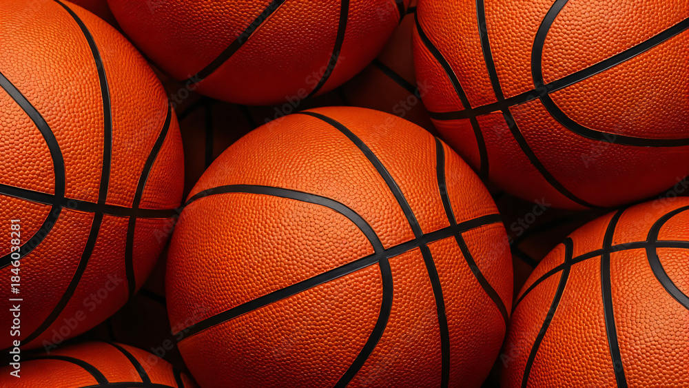 Obraz premium A close-up shot captures a dense arrangement of multiple orange basketballs, filling the entire frame. The basketballs are the traditional orange-brown color with a pebbled texture.