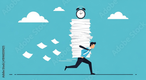 Stressed Businessman Running with Overwhelming Stack of Papers in Office Environment Illustration