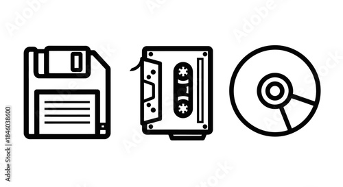 Outlined Vector Illustration of Data Storage Devices - Floppy Disk, Cassette, and CD.