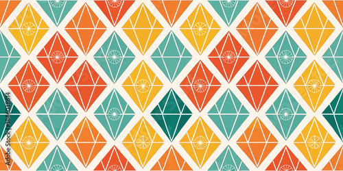 Colorful geometric pattern featuring diamond shapes in orange, yellow, teal, and green.