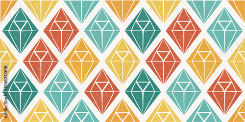 Colorful geometric pattern featuring diamonds in teal, orange, yellow, and red hues.