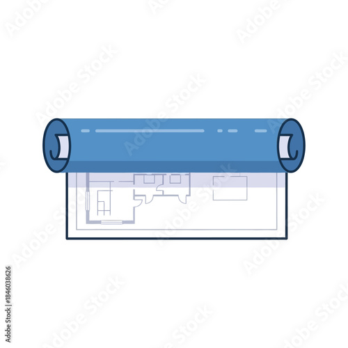 Partially rolled architectural blueprint illustration with a visible floor plan.