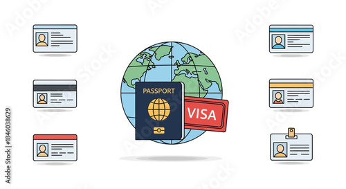 Passport, Visa, and ID Cards Representing International Travel Documents.