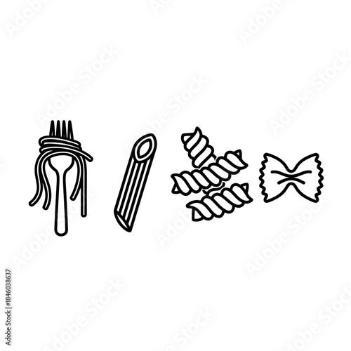 Pasta Variety Line Art - Spaghetti, Penne, Rotini, and Farfalle.