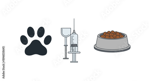 Pet Care Essentials - Paw Print, Vaccination, and Food Bowl.