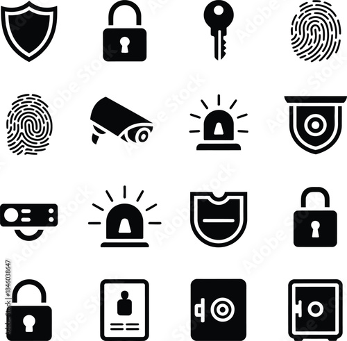 Security and Safety Icons Set Keywords: security, safety, icons, set, shield, lock, padlock, key, fingerprint, scanner, surveillance, camera, cctv