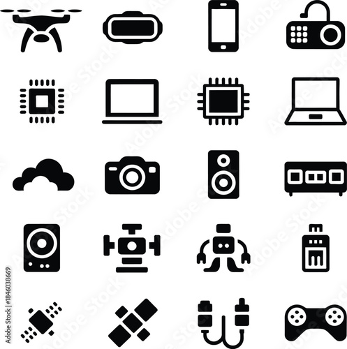 Technology and Gadget Icons Set Black Silhouette Symbols Keywords: technology, gadget, drone, quadcopter, VR headset, virtual reality, smartphone