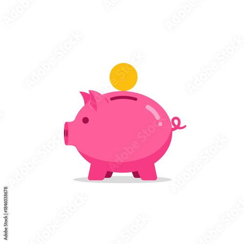 Pink Piggy Bank with Gold Coin Illustration, Savings Concept, Financial Planning.