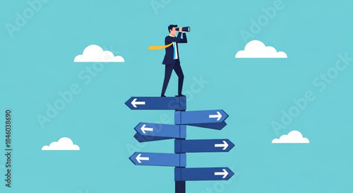 Decision Making Concept with Businessman Standing on Directional Signpost, Clear Sky Background, Illustrative View for Strategic Planning
