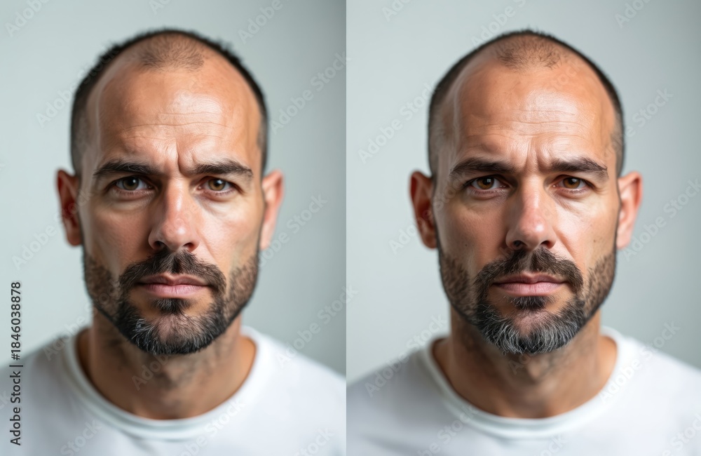 Fototapeta premium Man with thinning hair on left side compared to fuller hair on right. Male shows contrast before and after hair treatment. He has beard stubble, serious look.