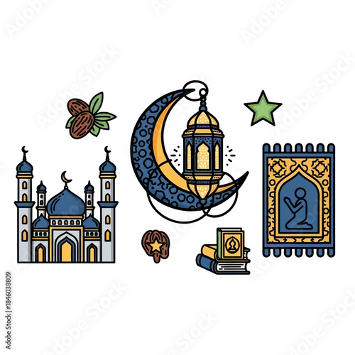 Ramadan Elements - Mosque, Crescent Moon, Lantern, Prayer Rug, Star, Dates, Quran.