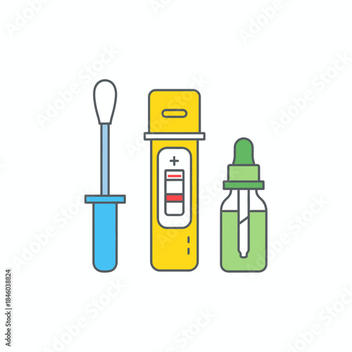 Rapid diagnostic test kit components - yellow cassette, blue swab, green dropper bottle, medical illustration.