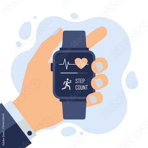 Hand holding a smartwatch with step count display