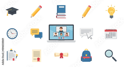 Online Education Icons - Laptop with Video Call, Graduation Cap, Book, Pencil, and Calendar.