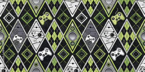 Colorful geometric pattern featuring gaming controllers and shapes in shades of green, black, and white.
