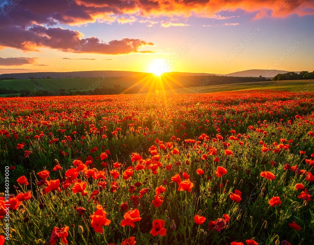 Fototapeta premium Field of vibrant red flowers under a golden sunset glow