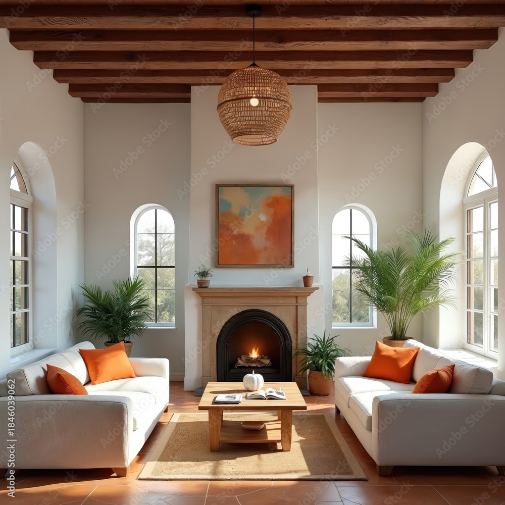 Naklejka premium Spanish colonial style living room features white sofas, fireplace, wooden beams, arched windows. Vibrant orange pillows add pop of color to elegant space. Natural light fills room, warm decor,